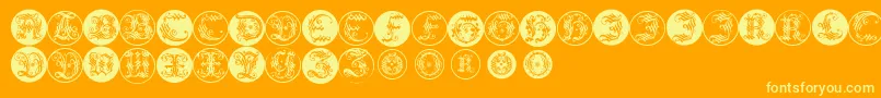 Ornamentalinitialbuttons-Schriftart – Gelbe Schriften auf orangefarbenem Hintergrund