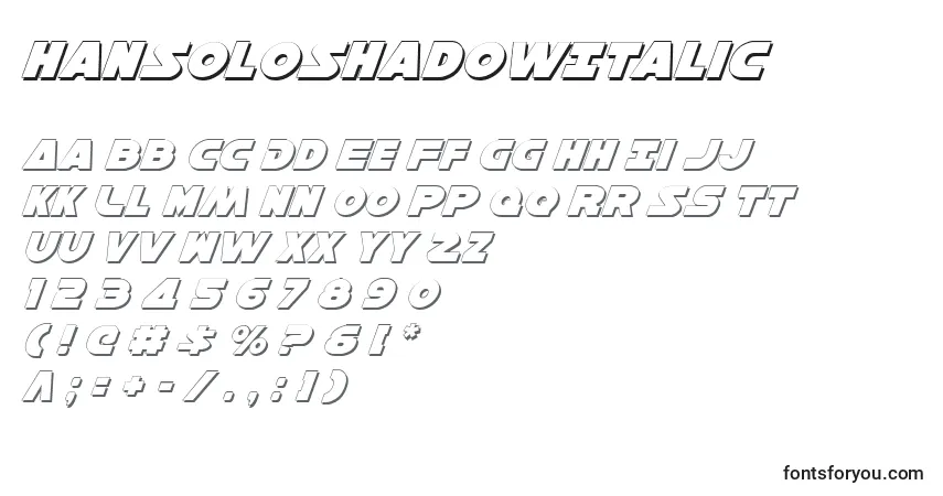 Шрифт HanSoloShadowItalic – алфавит, цифры, специальные символы