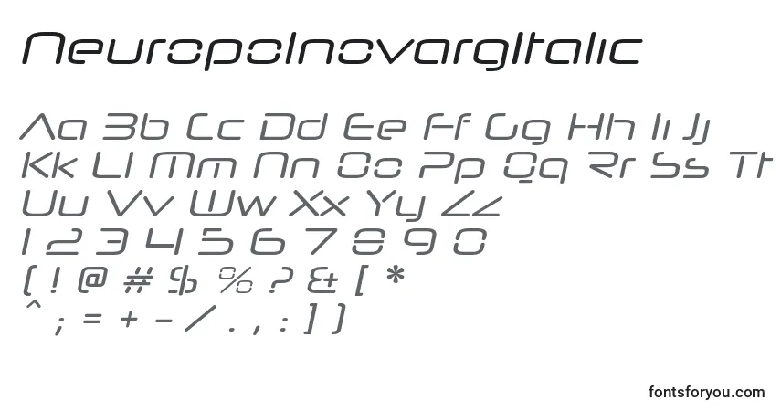 Czcionka NeuropolnovargItalic – alfabet, cyfry, specjalne znaki