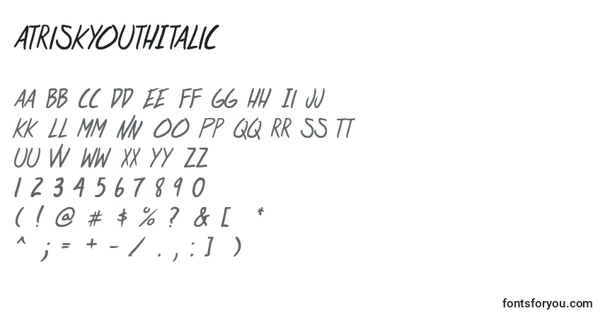 Schriftart AtRiskYouthItalic – Alphabet, Zahlen, spezielle Symbole