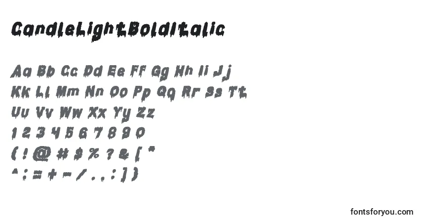 Schriftart CandleLightBoldItalic – Alphabet, Zahlen, spezielle Symbole