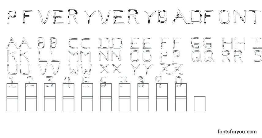 Czcionka PfVeryverybadfont7Liquid – alfabet, cyfry, specjalne znaki