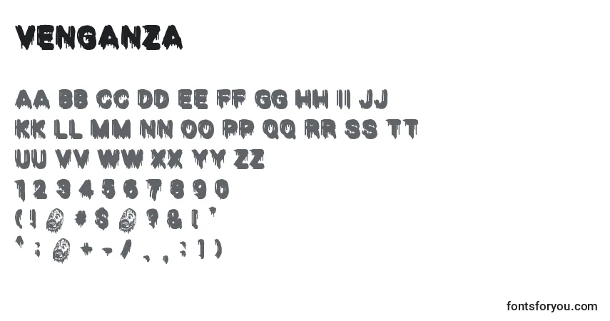 Schriftart Venganza – Alphabet, Zahlen, spezielle Symbole