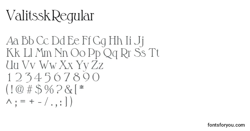 Schriftart ValitsskRegular – Alphabet, Zahlen, spezielle Symbole