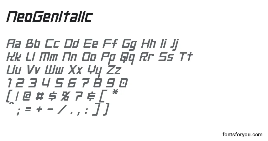 Czcionka NeoGenItalic – alfabet, cyfry, specjalne znaki