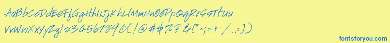 フォントGeHandyscript – 青い文字が黄色の背景にあります。