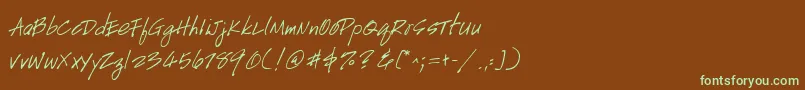 フォントGeHandyscript – 緑色の文字が茶色の背景にあります。