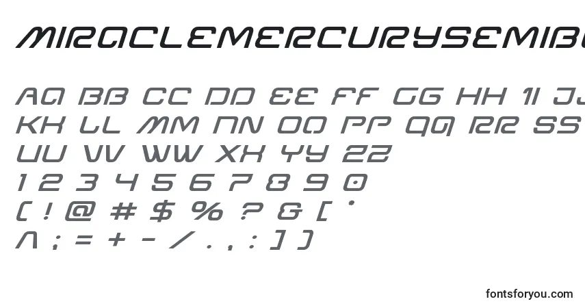 Шрифт Miraclemercurysemiboldexpandital – алфавит, цифры, специальные символы