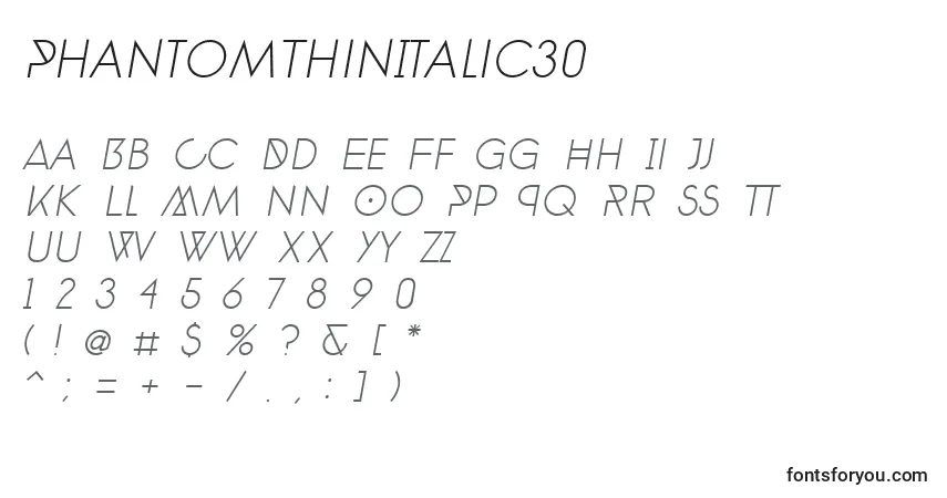 Schriftart PhantomThinItalic30 – Alphabet, Zahlen, spezielle Symbole