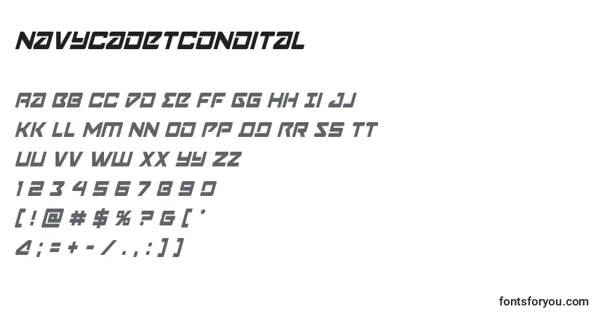 Czcionka Navycadetcondital – alfabet, cyfry, specjalne znaki