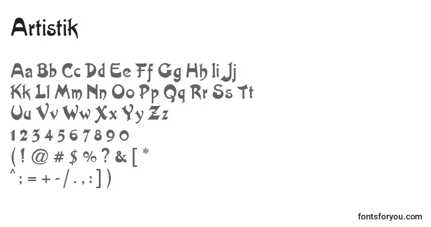 Czcionka Artistik – alfabet, cyfry, specjalne znaki