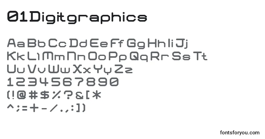 A fonte 01Digitgraphics – alfabeto, números, caracteres especiais
