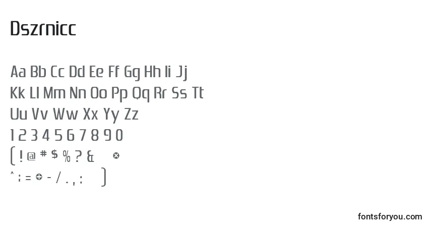 A fonte Dszrnicc – alfabeto, números, caracteres especiais