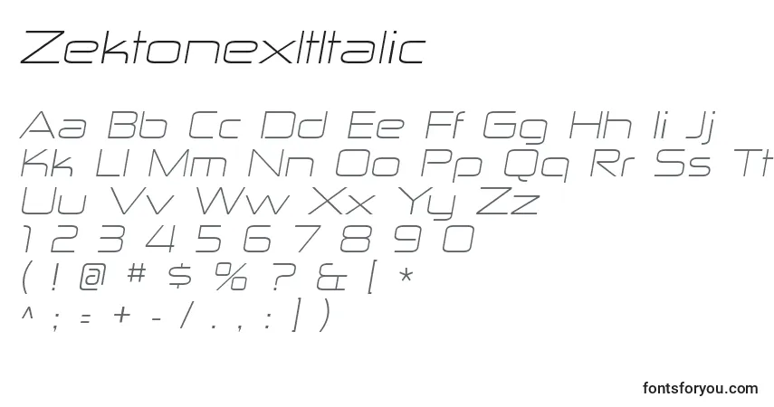 Шрифт ZektonexltItalic – алфавит, цифры, специальные символы