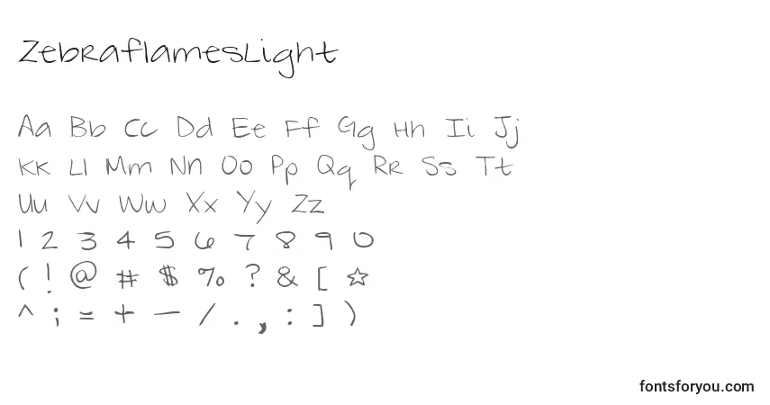 A fonte ZebraflamesLight – alfabeto, números, caracteres especiais
