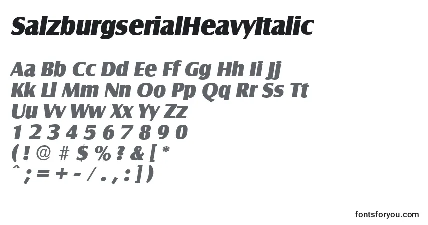 Czcionka SalzburgserialHeavyItalic – alfabet, cyfry, specjalne znaki