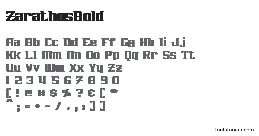 A fonte ZarathosBold – alfabeto, números, caracteres especiais