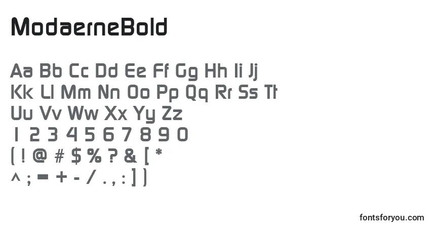 A fonte ModaerneBold – alfabeto, números, caracteres especiais