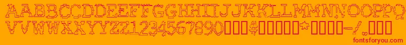 RubberBiscuitRoundOutline-Schriftart – Rote Schriften auf orangefarbenem Hintergrund