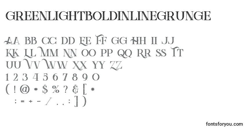 A fonte Greenlightboldinlinegrunge – alfabeto, números, caracteres especiais