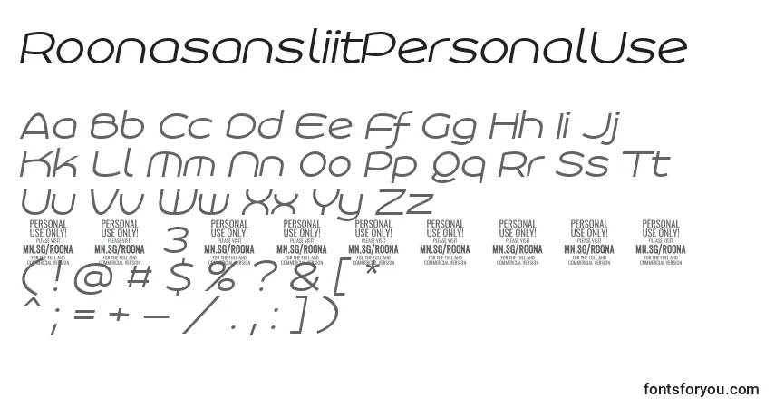 Czcionka RoonasansliitPersonalUse – alfabet, cyfry, specjalne znaki
