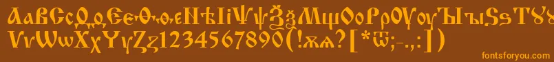 フォントIzhitsaNormal – オレンジ色の文字が茶色の背景にあります。