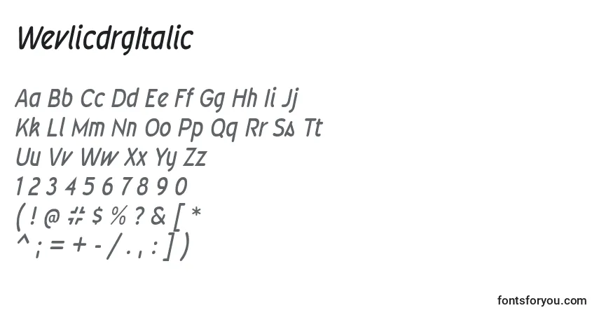 A fonte WevlicdrgItalic – alfabeto, números, caracteres especiais