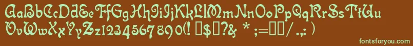 フォントIslaBella – 緑色の文字が茶色の背景にあります。