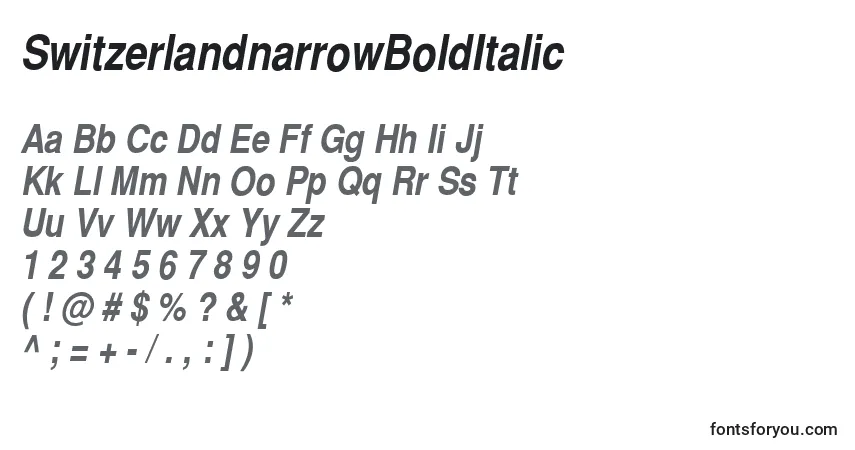 Czcionka SwitzerlandnarrowBoldItalic – alfabet, cyfry, specjalne znaki