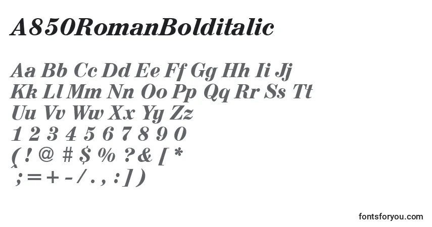Czcionka A850RomanBolditalic – alfabet, cyfry, specjalne znaki