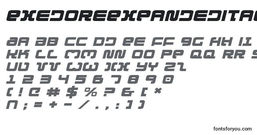 Шрифт ExedoreExpandedItalic – алфавит, цифры, специальные символы
