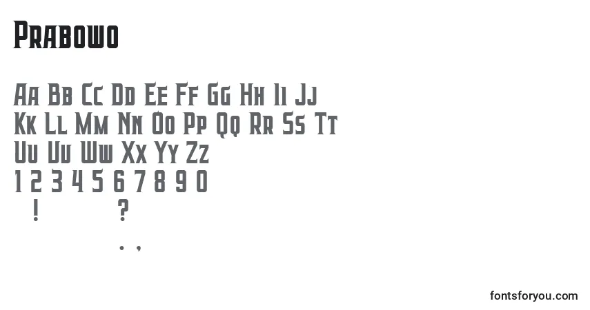 A fonte Prabowo – alfabeto, números, caracteres especiais