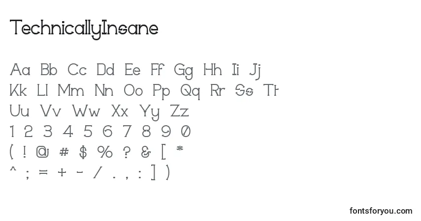 Schriftart TechnicallyInsane – Alphabet, Zahlen, spezielle Symbole