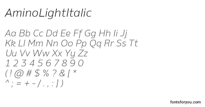 A fonte AminoLightItalic – alfabeto, números, caracteres especiais