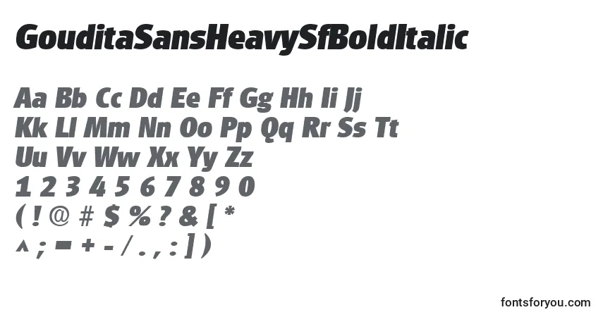 A fonte GouditaSansHeavySfBoldItalic – alfabeto, números, caracteres especiais