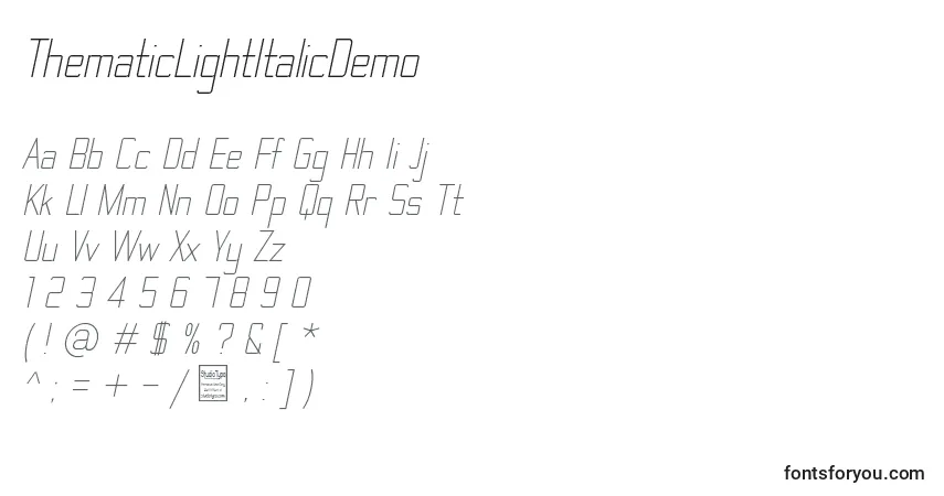 Шрифт ThematicLightItalicDemo – алфавит, цифры, специальные символы