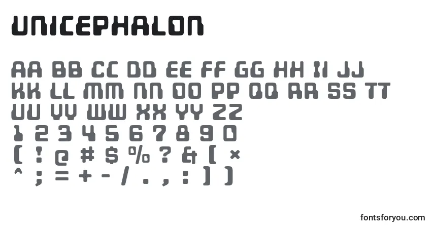 A fonte Unicephalon – alfabeto, números, caracteres especiais