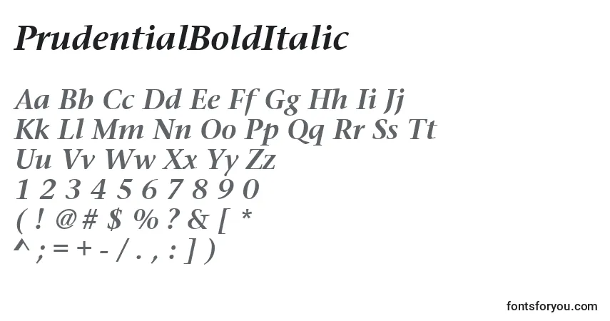 Schriftart PrudentialBoldItalic – Alphabet, Zahlen, spezielle Symbole