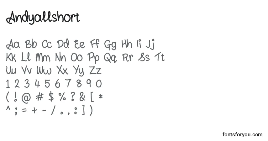 Czcionka Andyallshort – alfabet, cyfry, specjalne znaki