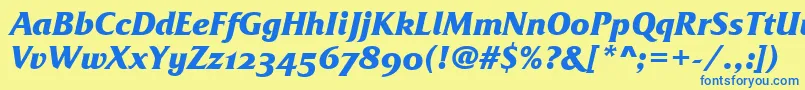 FrizQuadrataOsTtBolditalic-Schriftart – Blaue Schriften auf gelbem Hintergrund