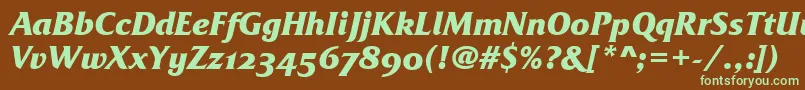 フォントFrizQuadrataOsTtBolditalic – 緑色の文字が茶色の背景にあります。