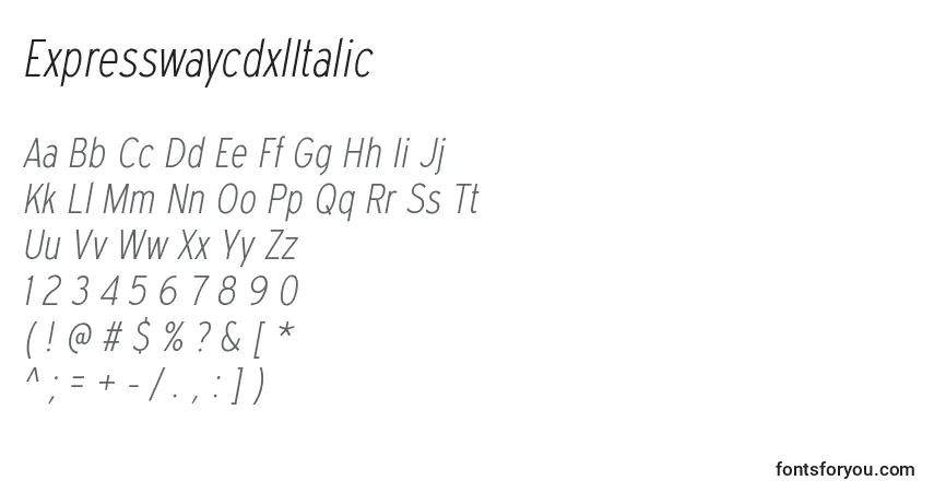 Шрифт ExpresswaycdxlItalic – алфавит, цифры, специальные символы