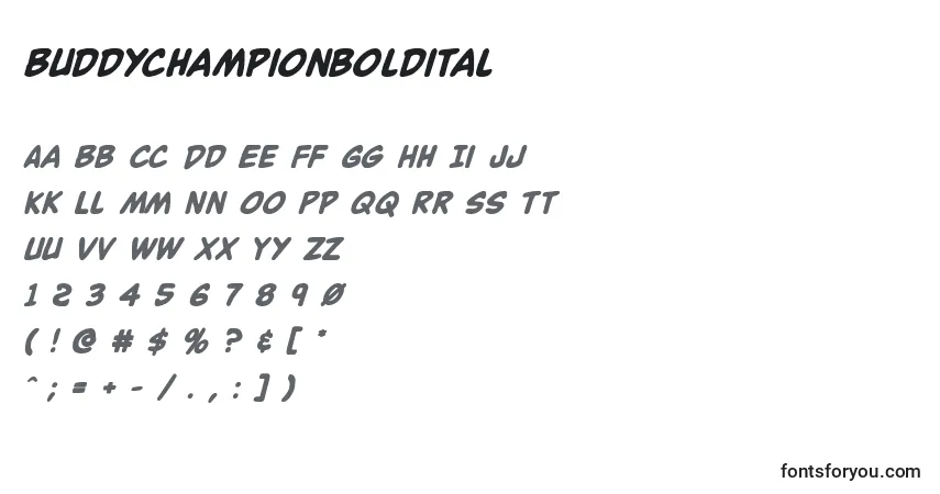 Czcionka Buddychampionboldital – alfabet, cyfry, specjalne znaki