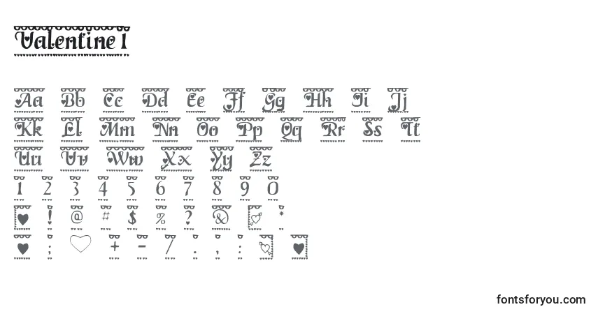 Czcionka Valentine1 – alfabet, cyfry, specjalne znaki