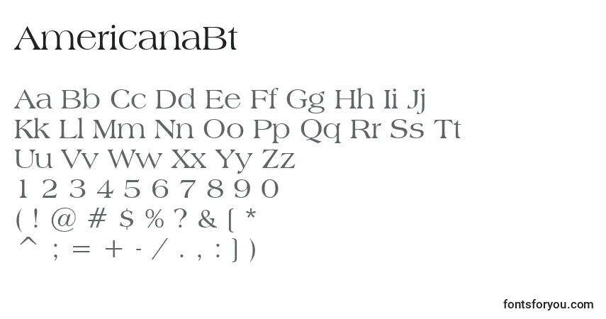 Czcionka AmericanaBt – alfabet, cyfry, specjalne znaki