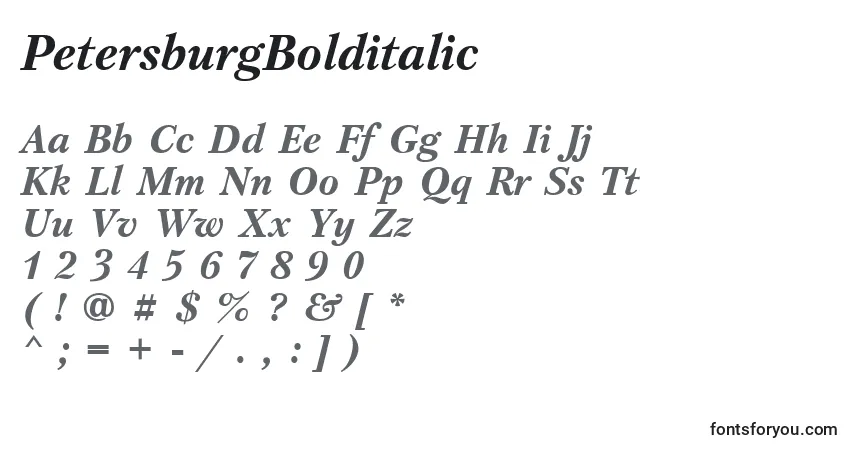 A fonte PetersburgBolditalic – alfabeto, números, caracteres especiais