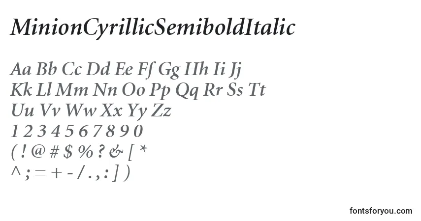 Czcionka MinionCyrillicSemiboldItalic – alfabet, cyfry, specjalne znaki