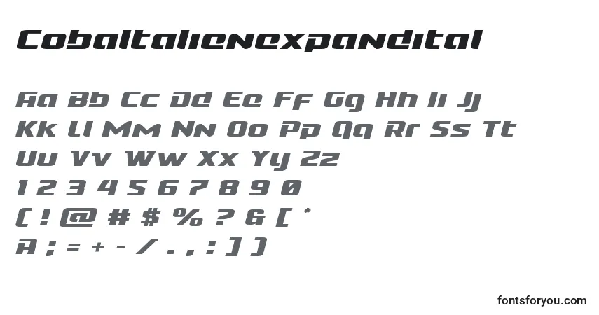 Шрифт Cobaltalienexpandital – алфавит, цифры, специальные символы