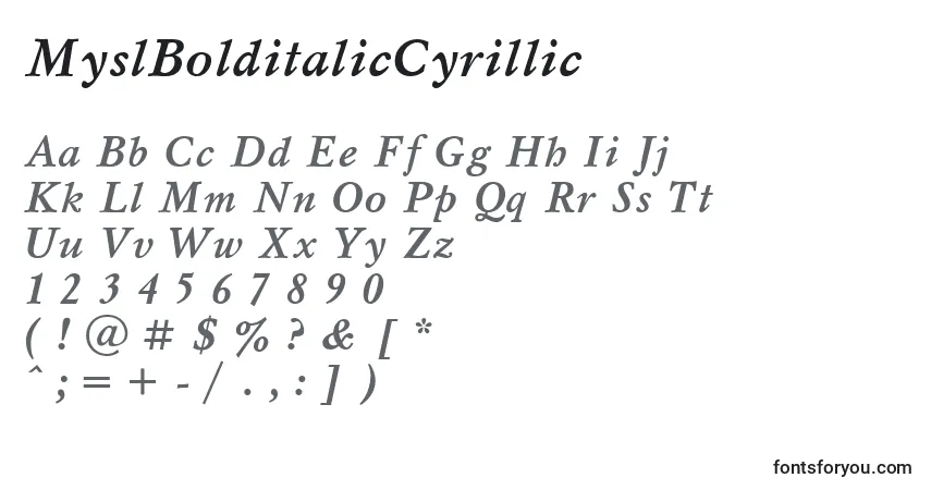 A fonte MyslBolditalicCyrillic – alfabeto, números, caracteres especiais