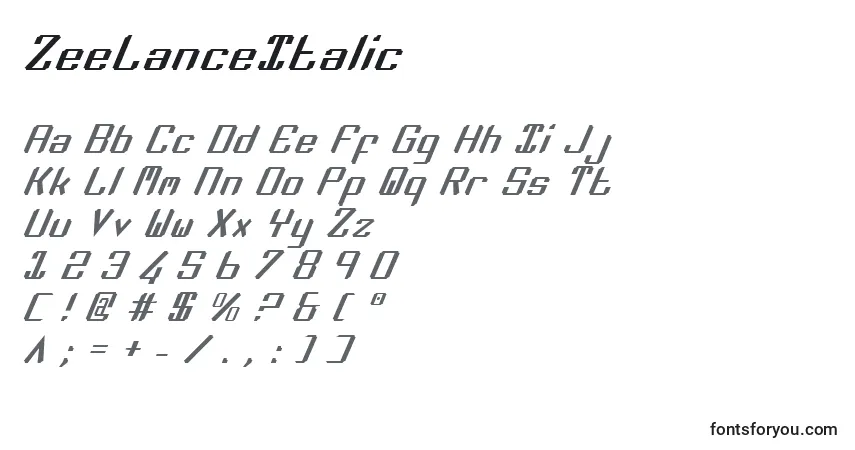 Schriftart ZeeLanceItalic – Alphabet, Zahlen, spezielle Symbole